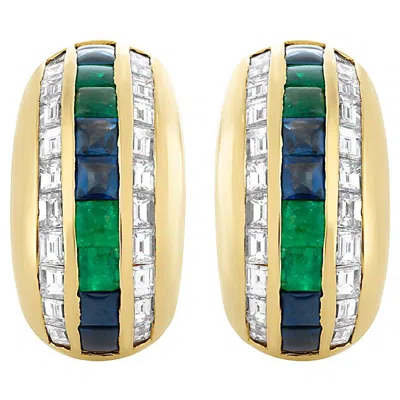 Pre-owned Bulgari Bvlgari 18k Yellow Gold Diamond And Alternating Emerald And Sapphire Earrings