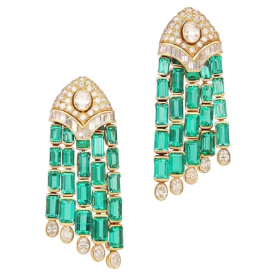 Pre-owned Bulgari Bvlgari 18k Yellow Gold, No-oil Emerald And Diamond Ear Clips