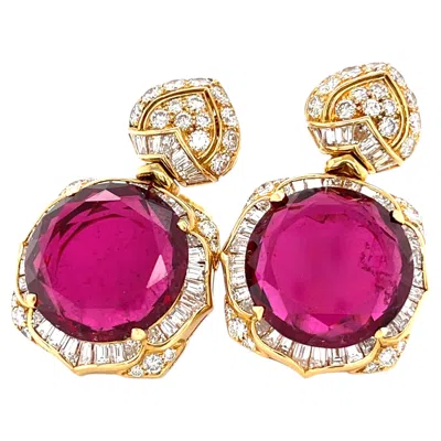 Pre-owned Bulgari Bvlgari 18k Yellow Gold Rubellite Tourmaline And Diamond Lotus Earrings