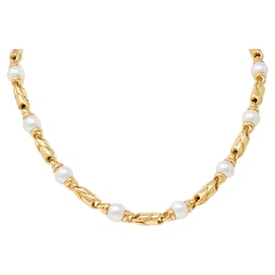Pre-owned Bulgari Bvlgari 1980's Pearl 18k Gold Vintage Doppio Passo Fancy Link Chain Necklace In Multi