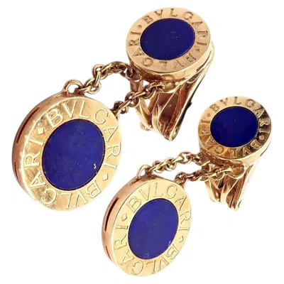 Pre-owned Bulgari Bvlgari  Lapis Disc Double Logo Signature Yellow Gold Earrings