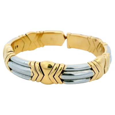 Pre-owned Bulgari Bvlgari Cuff 18k/pt Wide White Fluted Sect Betw Yg Arrows