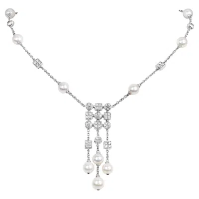 Pre-owned Bulgari Bvlgari Diamond Pearl 18k Gold  Circle Drop Necklace In Multi