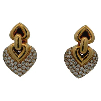 Pre-owned Bulgari Bvlgari Doppio Cuore Diamond Heart Yellow Gold Drop Earrings