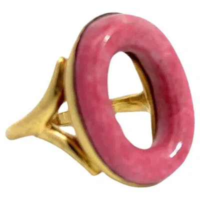 Pre-owned Bulgari Bvlgari Italy 18k Yellow Gold & Rhodochrosite Circle Ring Circa 1970s Vintage