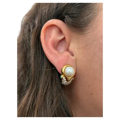Pre-owned Bulgari Bvlgari Italy 18k Yellow Gold, Pearl, Diamond & Cabochon Emerald Earrings 1980s