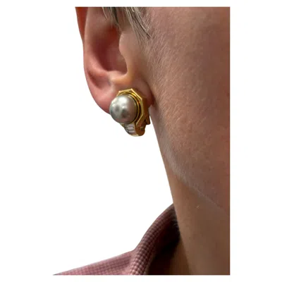 Pre-owned Bulgari Bvlgari Italy 18k Yellow Gold, South Sea Pearl & Baguette Diamond Earrings 1980s