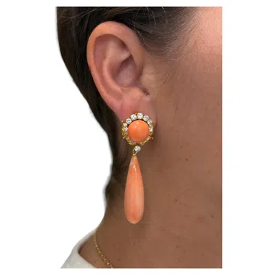 Pre-owned Bulgari Bvlgari Italy 18k Yg, Angel Skin Coral & Diamond Day Night Drop Earrings 1960s In Red