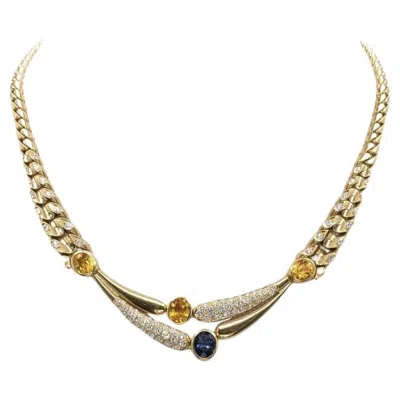 Pre-owned Bulgari Bvlgari Italy 18k Yg, Diamond, Blue & Yellow Sapphire Curb Link Necklace 1970s
