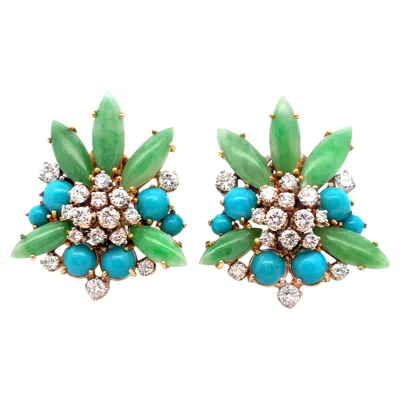 Pre-owned Bulgari Bvlgari Jade Turquoise And Diamond Earrings In Green