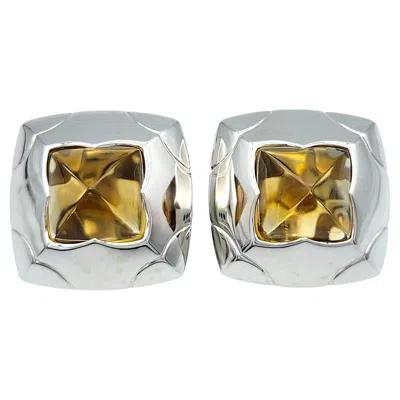 Pre-owned Bulgari Bvlgari Pyramid Cabochon Citrine Clip-on Stud Earrings In 18 Karat White Gold