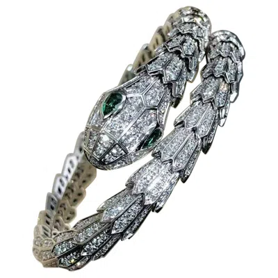 Pre-owned Bulgari Bvlgari Serpenti 18k White Gold Two-coil Pav� Diamond Emerald Bracelet Size M