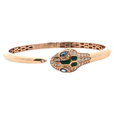 Pre-owned Bulgari Bvlgari Serpenti Diamond Emerald 18 Karat Yellow Gold Bangle Bracelet Medium