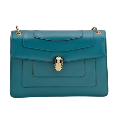 Pre-owned Bulgari Bvlgari Serpenti Forever Teal Leather Chain Medium Shoulder Bag In Green