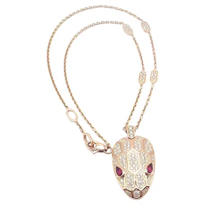 Pre-owned Bulgari Bvlgari Serpenti Pave Diamond Rubellite Rose Gold Large Pendant Necklace In Red
