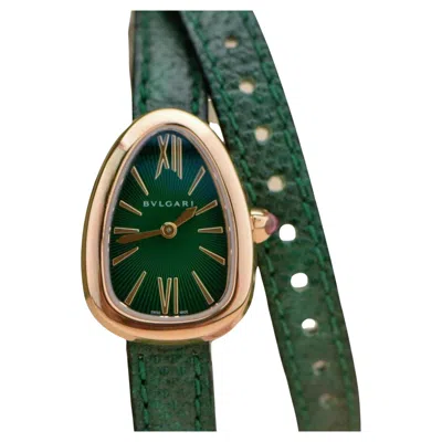 Pre-owned Bulgari Bvlgari Serpenti Twist 18k Rose Gold Green Leather Quartz Wristwatch In Red