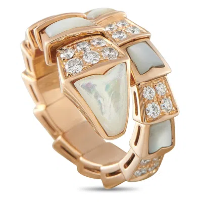Pre-owned Bulgari Bvlgari Serpenti Viper 18k Gold Diamond & White Mother Of Pearl Ring #5086