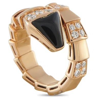 Pre-owned Bulgari Bvlgari Serpenti Viper 18k Rose Gold Diamond And Onyx Ring #5084 In Red