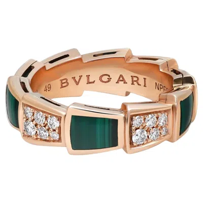 Pre-owned Bulgari Bvlgari Serpenti Viper Diamond & Malachite Band Ring 18k Rose Gold Size 49 Us 5 In Red
