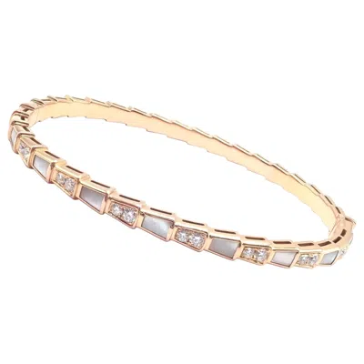 Pre-owned Bulgari Bvlgari Serpenti Viper Diamond Mother Of Pearl Gold Bangle Bracelet In Multi