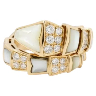 Pre-owned Bulgari Bvlgari Serpenti Viper Snake Mother Of Pearl & Diamond 18k Gold Ring In Multi
