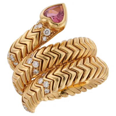 Pre-owned Bulgari Bvlgari Spiga Diamond Pink Rubellite Heart Yellow Gold 3-row Adjustable Ring