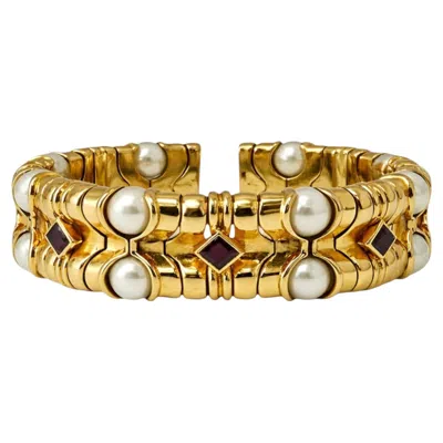 Pre-owned Bulgari Bvlgari Vintage 18k Yellow Gold Pearl And Ruby Rare Cuff Bracelet Estate