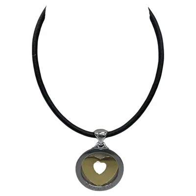 Pre-owned Bulgari Bvlgari Yellow Gold And Steel Large Heart Pendant Leather Necklace