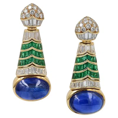 Pre-owned Bulgari Cabochon Sapphire Emerald Diamond Earrings In Green