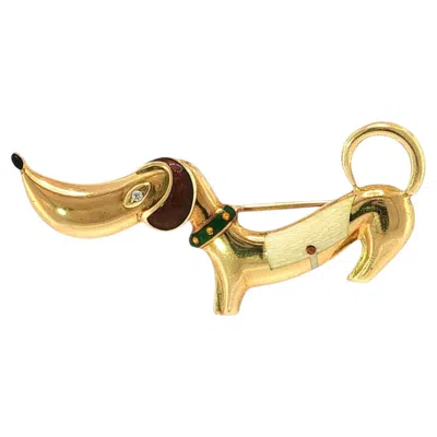Pre-owned Bulgari Dachshund Brooch Pin 18k Yellow Gold Enamel & Diamond 1980s