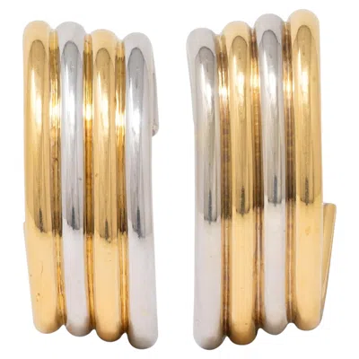 Pre-owned Bulgari French 1970's 18 Karat Two-tone Gold Vintage J-hoop Ear-clip Earrings In Multiple