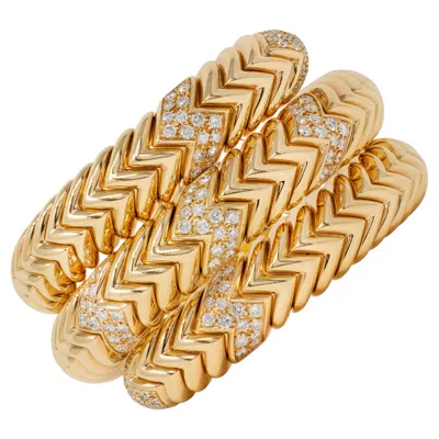 Pre-owned Bulgari French 1970's Diamond 18k Gold Yellow Vintage Triple Spiga Wrap Bracelet
