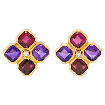 Pre-owned Bulgari French 1980's Multi-gem Diamond 18k Gold Vintage Ear-clip Earrings