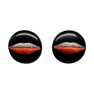 Pre-owned Bulgari Gianni  Enigma Lips Earrings Gold Diamond Coral Jet 18 Karat Gold In Red