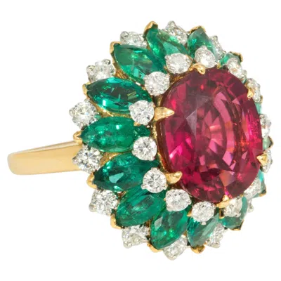 Pre-owned Bulgari , Italy Rubellite Tourmaline, Emerald And Diamond Ring In Green