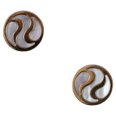 Pre-owned Bulgari Mother-of-pearl Optical Ear Stud Earrings 18k Yellow Gold Vintage Italy