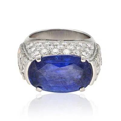 Pre-owned Bulgari Platinum Diamond And Oval-shaped Ceylon No Heat Sapphire Ring In Blue