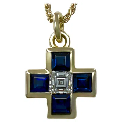 Pre-owned Bulgari Rare Bvlgari Greek Cross Blue Sapphire Diamond 18k Yellow Gold Pendant Necklace