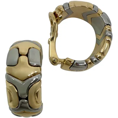 Pre-owned Bulgari Rare Vintage Bvlgari Alveare Parentesi 18k Yellow Gold Steel Clip Hoop Earrings