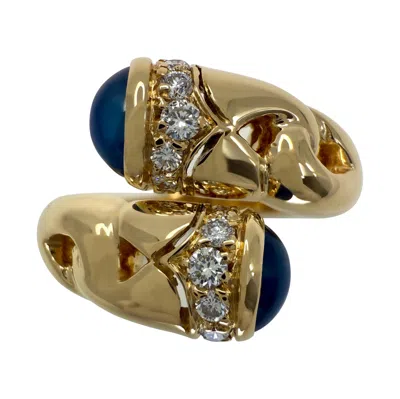 Pre-owned Bulgari Rare Vintage Bvlgari Doppio Curoe Blue Sapphire & Diamond 18k Gold Bypass Ring
