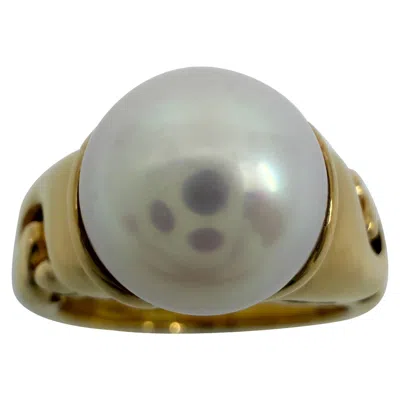 Pre-owned Bulgari Rare Vintage Bvlgari Passo Doppio 9mm White Pearl 18k Yellow Gold Ring Eu49