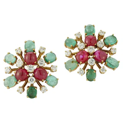 Pre-owned Bulgari Ruby, Emerald And Diamond Flower Earrings In Green