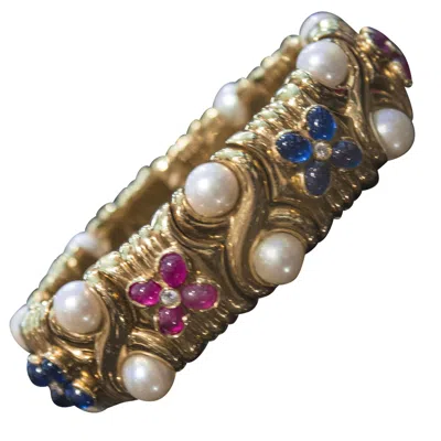 Pre-owned Bulgari Ruby Sapphire And Pearl Flexible Gold Cuff Bracelet Bangle In Blue