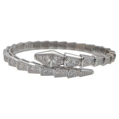Pre-owned Bulgari Serpenti Diamond 18k White Gold Bangle Bracelet Size 15