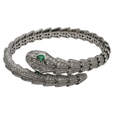 Pre-owned Bulgari Serpenti Diamond And Emerald 18k White Gold Bracelet