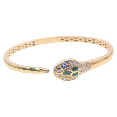 Pre-owned Bulgari Serpenti Diamond Blue Sapphire Malachite 18k Rose Gold Bangle Bracelet In Red
