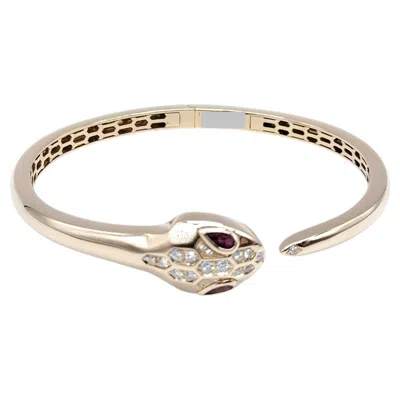 Pre-owned Bulgari Serpenti Diamond Red Pink Rubellite 18k Rose Gold Bangle Bracelet Size M