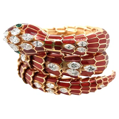 Pre-owned Bulgari Serpenti Enamel, Diamond And Emerald Bracelet/ladies Wristwatch, By Bvlgari In Green