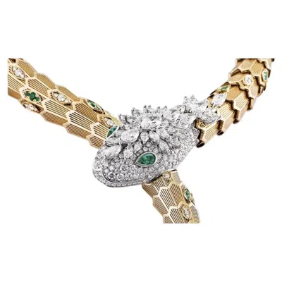 Pre-owned Bulgari Serpenti Necklace In 18k Yellow, White Gold, Emerald And Diamonds