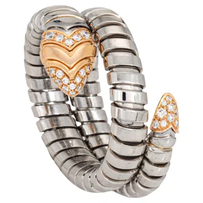 Pre-owned Bulgari Serpenti Tubogas Ring 18k Gold Steel Flex Sz 9 Estate Snake Jewelry In Multi